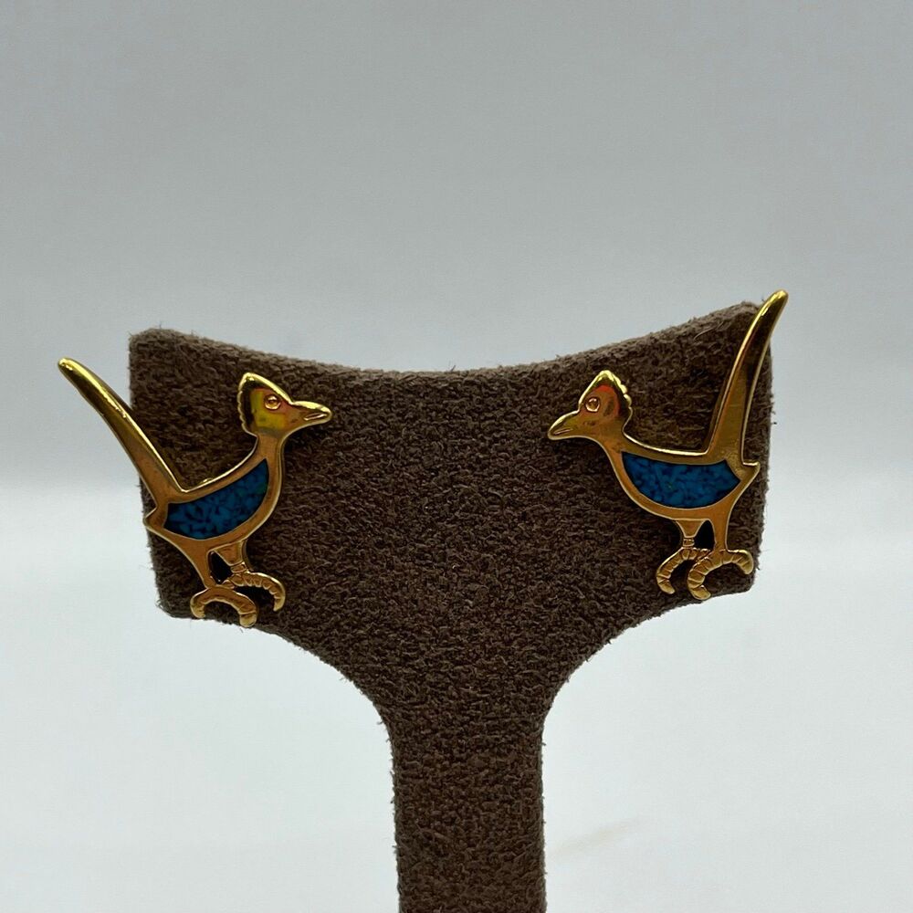 Vintage gold tone roadrunner turquoise pierced Earrings - Picture 2 of 6